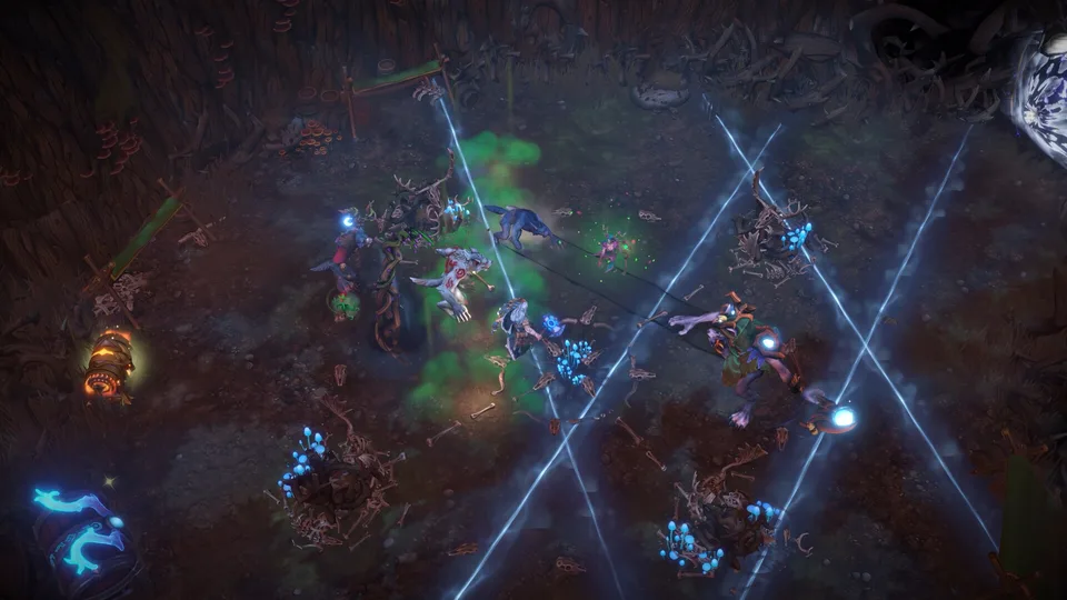 Vaultbreakers boss encounter lit by teal energy beams