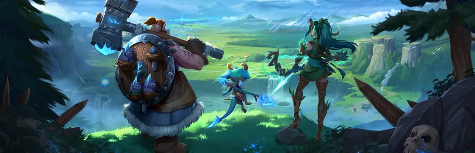 Vaultbreakers landscape artwork with champions overlooking a mountain valley