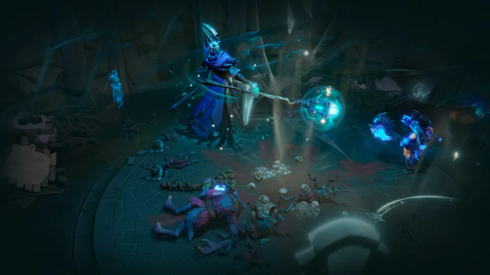 Vaultbreakers champions exploring a dark cavern chamber